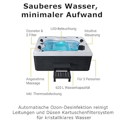 Luxus Outdoor Whirlpool Berlin (Weiß) – 210x160 cm – mit 31 Massagedüsen, Heizung, Ozon, LED – Hot Tub für 2–3 Personen – Winterfest – Garten & Terrasse mit Einstiegstreppe – Bild 8