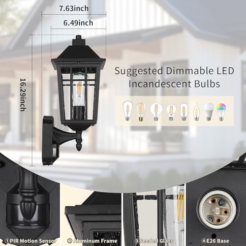 Image of JYZ 16 inch Motion Sensor cOutdoor Wall Light Fixtures, Anti-Rust Aluminum Wall Sconce with Seeded Glass, E26 Socket Waterproof Exterior Lighting, Matte Black Wall Lantern for Porch, Garage, Yard