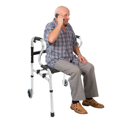 Andadores para personas mayores con asiento y ruedas, andadores plegables de aluminio ligero con una capacidad de carga de hasta 220 libras, altura regulable para ancianos, adultos discapacitados y