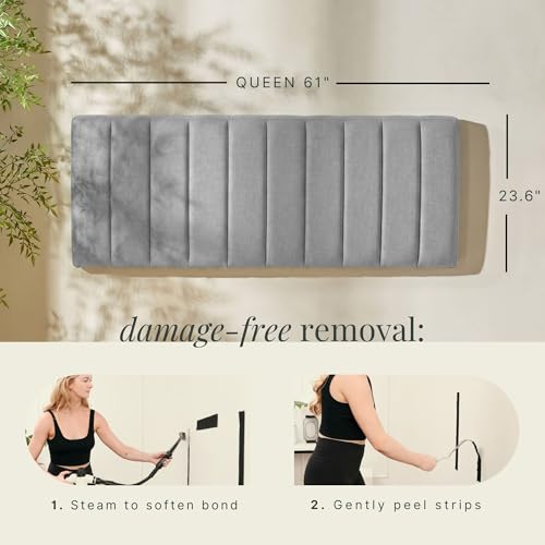 Image of Hearth & Harbor Wall Mounted Queen Headboard Only, Bed Headboard Queen Size | Easy Assemble, Floating Peel and Stick, Upholstered, Channel Stitched, 3D Wall Panels, 5 Strips of 3M Tape Included, Silver