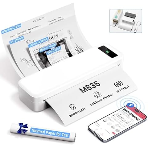 ASprink Portable Printers Wireless for Travel,M835 Inkless Thermal Printer Support 8.5" X 11" US Letter, Compatible with iOS/Android/PC/Phomemo APP, Mobile Travel Printer for Home,Car,Office,300DPI Cover