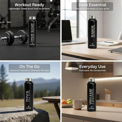 Image of Speedex Customised Engraved Name Stainless Steel Water Bottle 1 Ltr - Personalised Screw Cap Bottle for Kids, Men & Women, School, Office, Gym, Black, Set of 1