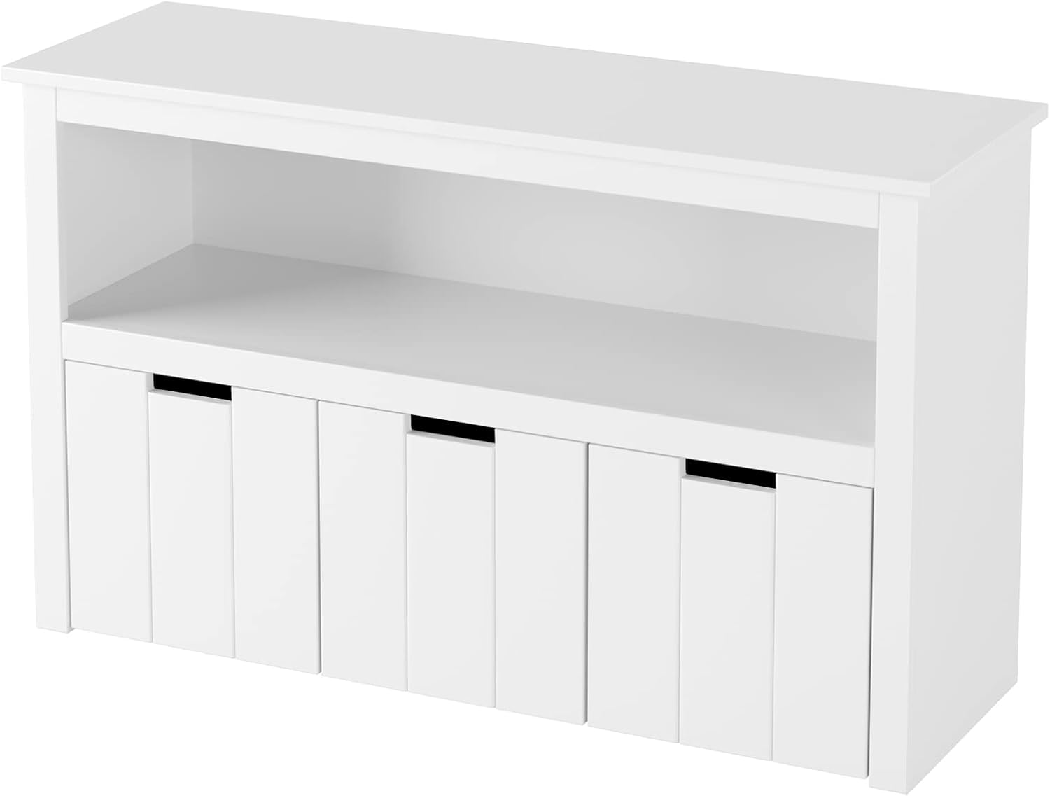 FOTOSOK Toy Storage Cabinet with 3 Movable Drawers, Floor Storage Organizer with Hidden Wheel & Large Open Bookhelf, Organizer Chest for Playroom, White