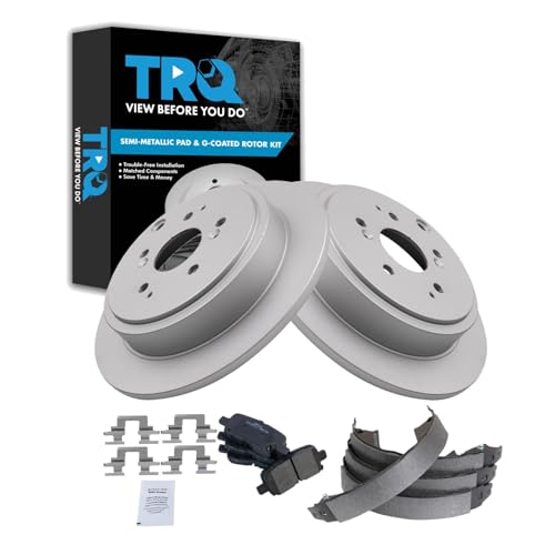 Image of TRQ Rear Brake Pad and Rotor Set Semi Metallic G Coated Rotors Parking Shoe Compatible with 2003-2008 Honda Pilot