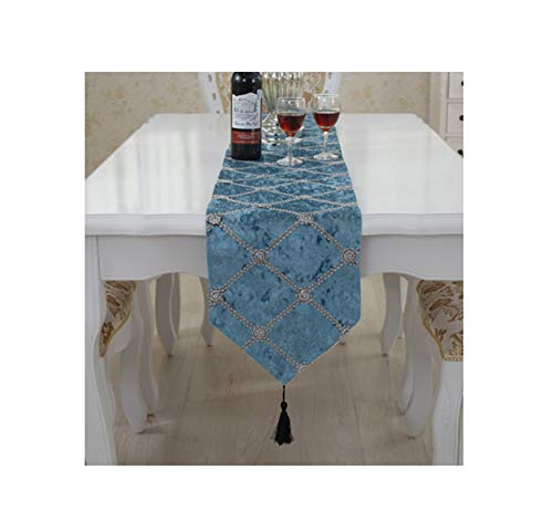 Chemin de table automne anti-plis bleu lin coton pour table longue