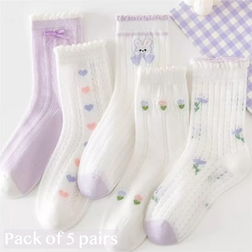 Girls' Cute Cotton Thin Summer Short Socks 5 Pairs, Cartoon Floral Animal Mesh Mid-Calf Ankle Socks for Baby Girls2