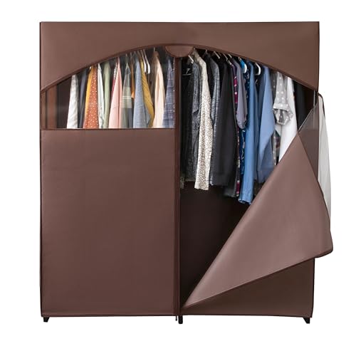 HOLDN’ STORAGE Portable Wardrobe Closet - 65 lb Large Capacity, Internal Heavy Duty Metal Rod, Zipper & Clear Window, Durable Clothes Organizer, Tool-Free Easy Assembly, Brown Canvas Cover