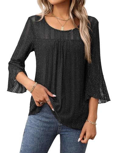 Heersan Camisas para Mujer Elegante Manga 3/4 Cuello Redondo Blusa Suelta Transpirable con Volantes Camiseta Ligera para Primavera Verano Otoño