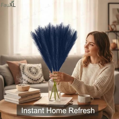 Image of Pack of 4 Pcs Artificial Flowers Faux Pampas Grass Small Fake Flower Plant for Home Decor, Office, Bedroom, Living Room, Table Decoration, Dried Plants (Without Vase Pot) (Navy Blue)