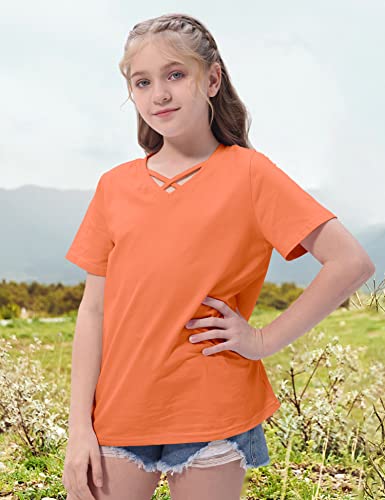 Girls Shirts Summer Cute Loose Fit Short Sleeve Plain Cotton V Neck Criss Cross T-Shirt Tee Tops Blouse Orange #TOP3