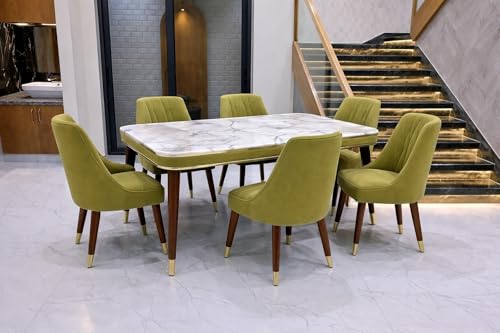 Image of WOODEN SPACE 6-Seater Wooden Dining Table Set | Nano Composite Marble Top | Solid Wood Base | Modern Dining Room Furniture with 6 Chairs (Green 2)