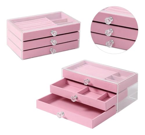 Image of Vlando 3 layer jewelry storage box 3 Drawers Transparent Clear Ring Necklace Piercing Earrings Bracelet Watch Jewellery Organiser Jewellery Box Acrylic Container for Ring Necklace Home (Pink)