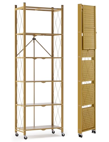 Image of ALANNG 73.6 Inch Folding Bookshelf, 6 Tier Metal Bookcase and Bookshelves | Tall Shelves for Living Room Office Bedroom, Heavy Duty Book Shelve Free Standing Open (Gold, 1PACK)