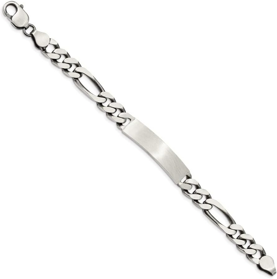 Engravable Personalized Custom 925 Sterling Silver Antiqued Figaro Link ID Bracelet For Women Length 7 inches Width 8 mm