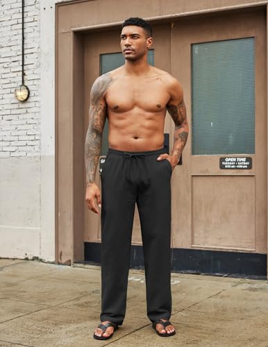 COOFANDY Men's Casual Cotton Pants Elastic Waist Drawstring Linen Beach Summer Pants Lightweight Yoga Trousers3