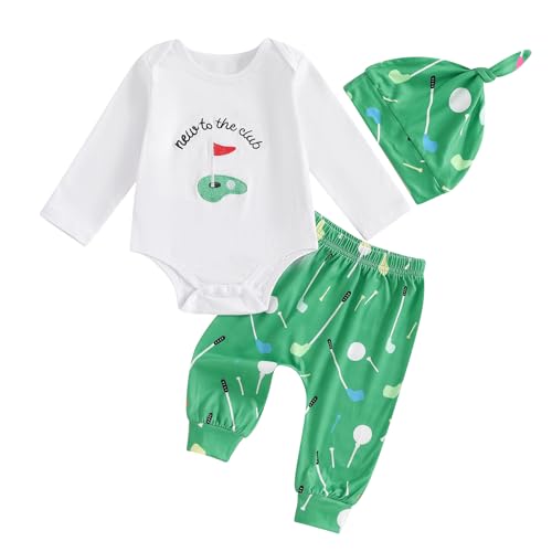 Image of DSOKUHIB Newborn Baby Boy Girl Golf Outfit New To The Club Embroidery Long Sleeve Romper Golf Pants Hat Set 3Pcs Fall Clothes