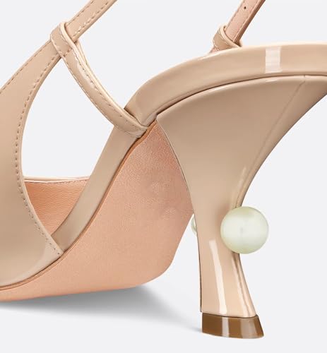 Women's Slingback Kitten Heel Pumps Pearl Patent Leather Pointed Toe Strappy Sandals Sparkly Buckle Dress High Heels for Wedding Party Working3