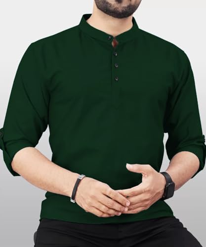 Image of DEEMOON Men's Regular Fit Solid Sprad Collar Casual Shirt with a Trendy Mandarin Collar Crafted from a Premium Cotton Blend