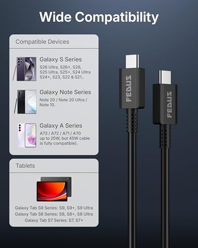Image of FEDUS ZETTA-X8I 45W Type C to Type C Cable 1M, 5A PD PPS Super Fast Charging 2.0 Original for Samsung Galaxy S26 /S25 /S24 Ultra, iPhone 17 /16 /15 Pro, MacBook, 480Mbps Android Auto Data Sync USB C Cord
