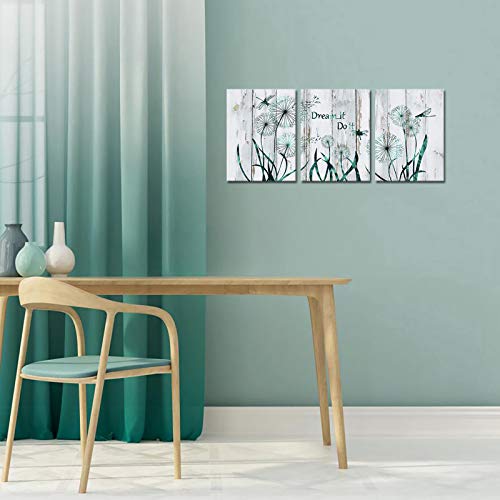 Welmeco 3 Pieces Teal Flowers Canvas Wall Art Abstract Dandelion With Dragonfly Picture Rustic Wood Texture Giclee Prints Stretched Ready To Hang For Modern Living Room Bedroom Kitchen Bathroom Housewarming Gift #TOP2