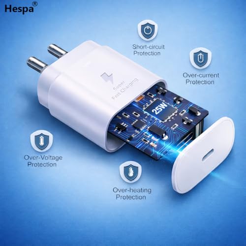 Image of 25W PD 3.0 Type C Superfast Charger Adapter for Samsung Galaxy M17|M07|M36|M06|A55|A35|F06|S25 fe|S22|S24|F36|F16|M35|S23|A06|iPhone|Tab S11| 25W by HESPA (SVXQ 5)