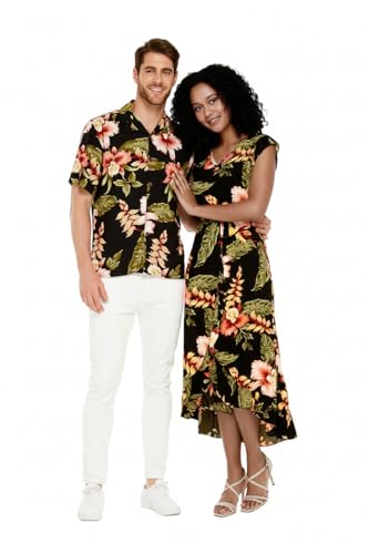 Image of Matchable Couple Hawaiian Shirt or Wrap Dress Signature Prints Rafelsia | Sold Individually; Soft Rayon Fabric; Lightweight Comfort; Signature Tropical Prints; Vacation Ready