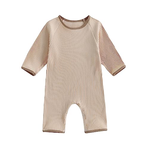 Image of Ynibbim 0-12 Months Newborn Unisex-Baby Fall Jumpsuit Infant Cute Round Neck Long Sleeve Contrast Color Ribbed Romper Outfits