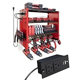 DIOOSN 4 Layers Power Tool Organizer Wall Mount with Power Strip, Heavy Duty Metal Tool Shelf, 400lbs Capacity for Cordless Drills, Batteries & Garage Storage (4 Slots with 2 Outlets Power Strip)