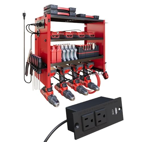 DIOOSN 4 Layers Power Tool Organizer Wall Mount with Power Strip, Heavy Duty Metal Tool Shelf, 400lbs Capacity for Cordless Drills, Batteries & Garage Storage (4 Slots with 2 Outlets Power Strip)