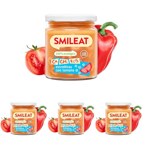 Smileat - Tarrito Ecológico CA-CHI-TOS de Estrellitas con Tomate, Ingredientes Naturales, Para Bebés a Partir de los 10 Meses - 230g (Paquete de 4)