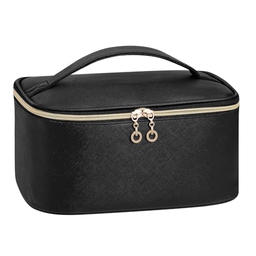 senbowe Travel Makeup Bag, Large Capacity Cosmetic Bags for Women,Portable Waterproof Leather Toiletry Bag Make Up Organizer Bag with Divider and Handle