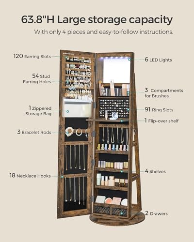 Image of SONGMICS 6 LEDs Mirror Jewelry Cabinet Organizer, 360 Swivel, Lockable | Frameless Full-Length Mirror with Storage, Jewelry Armoire, 3 Storage Shelves, Rustic Brown Surface, Black Lining UJJC007X01