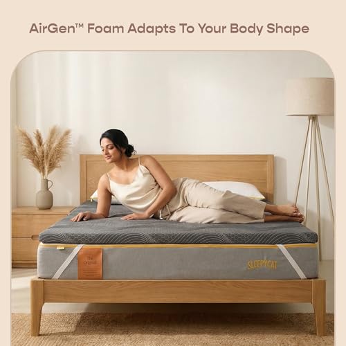 Image of SleepyCat Luxe AirGen Memory Foam Soft Mattress Topper - Motion Isolation | 2 Inch Thickness | Supersoft Knitted Fabrics with Ezie Zipper Cover Sleepers (Queen, 75x60x2 inches)
