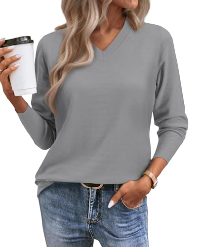 Image of Women's Spring Sweaters 2026 Casual Long Sleeve Pullover V Neck Lightweight Sweatshirts Cute Blouse Tops