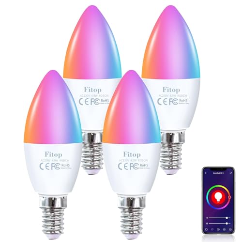 FITOP Bombillas Inteligentes Alexa, Lámparas LED E14 Wlan, Bombilla Regulable 4,9 W 470 Lm + 2200-6500K + RGB 16 Millones de Colores, Compatible con Alexa/Google Home, Control por voz, 4 Pack