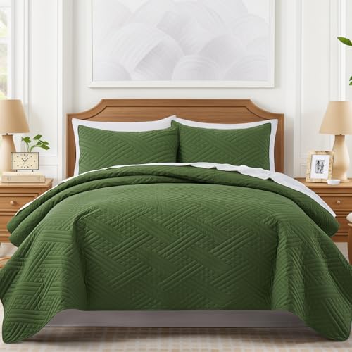 Lavsiry Conjunto de colcha queen verde oliva com estampa listrada, leve e macia para o verão de micr