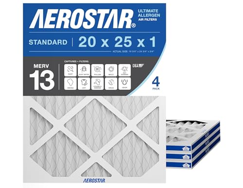 Aerostar 20x25x1 MERV 13 - 4 Count - Pleated HVAC, Furnace & Air Conditioner Filters - Removes Bacteria, Dust, Cold & Flu Germs, Lint, Mold, Pet Dander, Allergy-Causing Pollen, Smog, Smoke & Viruses