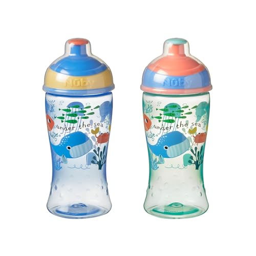 Nuby Super Slurp Water Bottle - No Spill Active Toddler Sippy Cup | 360ml / 12oz |Easy Grip | Dishwasher Safe | Suitable Beaker for 18 Months Plus (Under the Sea, Pack of 2)