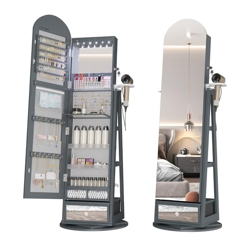 LVSOMT LED Espejo Joyero de pie Arqueado, Giratorio 360° Armario Joyero con Espejo de pie, Arco Espejo armario joyero con Cerradura, Espejo de cuerpo entero con Armario para joyas Luz, Gris