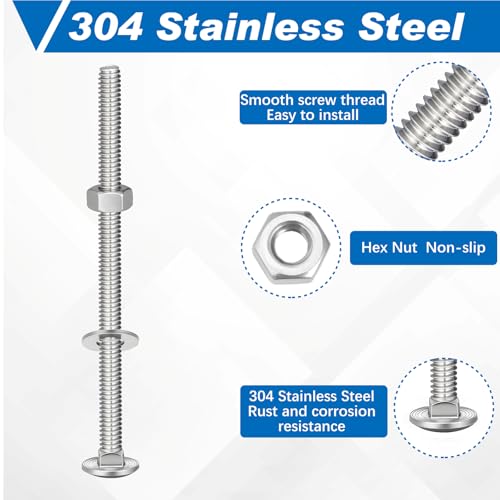 Image of Zonon 50 Sets 1 /4-20 x 4 Stainless Steel Carriage Bolts and Nuts Kit Round Head Square Neck Carriage Bolts Screws and Hex Nuts and Flat Washers, Stainless 18-8 Full Thread Coverage (Silver)
