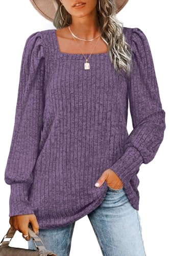 Image of WIHOLL Long Sleeve Shirts for Women Trendy Casual Square Neck Tops Lightweight Sweaters