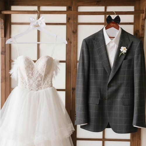 image for lasuroa 2pcs Bride and Groom Wedding Hangers, Wooden Elegant Bridal Dr