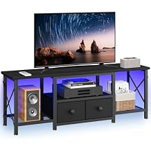 YATINEY Small TV Stand with LED Lights, Entertainment Center with 2 Fabric Drawers and Mesh Shelves, Media TV Console Table for TVs up to 50 Inches, for Living Room, Bedroom, Black DS11DBB