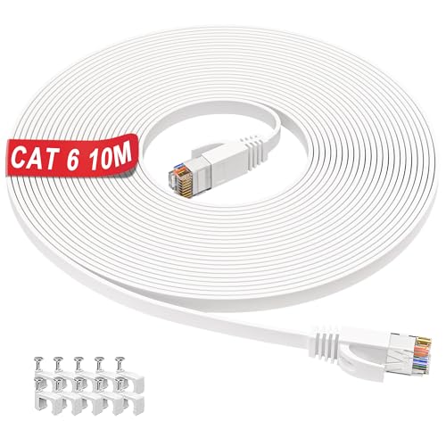 ikbc Cable Ethernet 10 metros, Plano Cable de Red 10m Cat 6 Alta Velocidad, Blanco Cable Internet 10/100/1000Mbps 250MHz, Gigabit RJ45 Cable LAN UTP Cable Patch para Rúter Switch Módem PC (10 Clips)