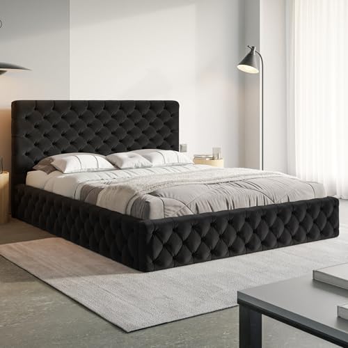 MOTIVENA Dalia Chesterfield Bett 180x200 Schwarz Samt, mit Stauraum, mit Kopfteil, mit Lattenrost, ohne Füße, ohne Matratze, Chesterfield Polsterbett 180x200 mit Bettkasten Schwarz