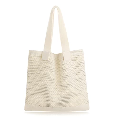 Image of COOKOOKY Lined Crochet Tote Beach Shoulder Bag Women Casual Work Shopping | Lined crochet tote with soft structure, perfect for beach, work, shopping. Roomy & lightweight for daily use.
