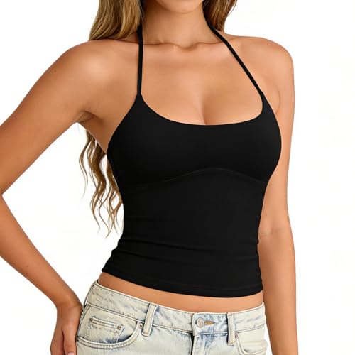 Image of Black Halter Neck Top,Sexy Slim Fit Backless Top Summer Basic Going Out Tops Solid Halterneck Tops for Women UK Y2k Going Out Party Gym (UK, Alpha, M, Regular, Regular, Black-no Silver fastenings)