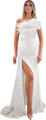 Robe de soirée longue avec plumes blanche femme taille 46 fente chic cocktail