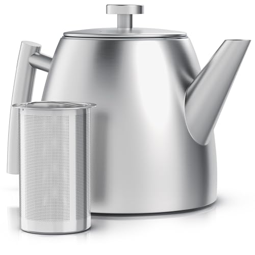 Arendo - Teekanne Edelstahl mit Siebeinsatz – 1000 ml - Teekanne thermo doppelwandig – Silber
