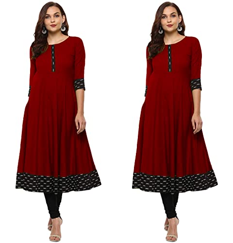 Image of NATEK Cotton Anarkali Printed Border Kurtis for Women Combo Pack of 2